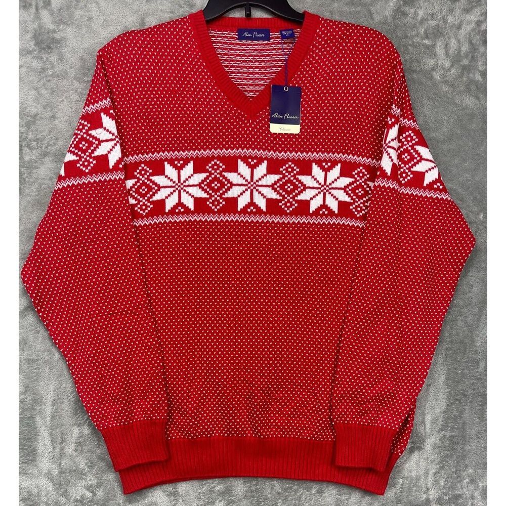 NWT Alan Flusser Christmas Sweater XL Red White Snowflake‎ Holiday Classic Fit